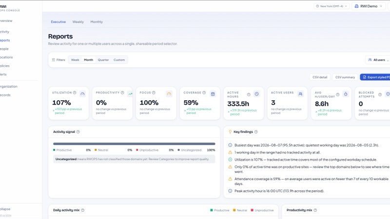 Reporting view with generated key findings and PDF export.