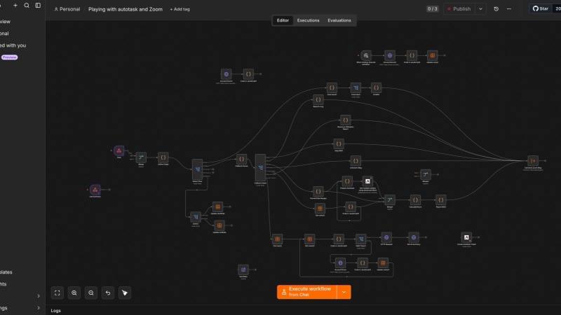 One workflow: chat intents branching into ticketing and reporting actions.