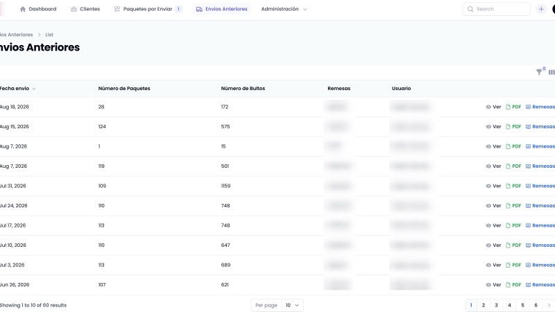Shipment history with generated manifests. Operator names and remittance values redacted.