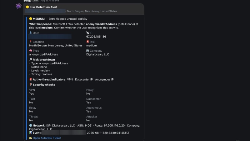 Risk detection alert with network and reputation enrichment already applied.