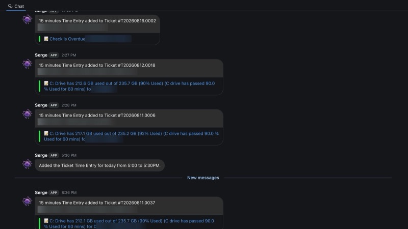 Ticket time entries confirmed back to the channel.